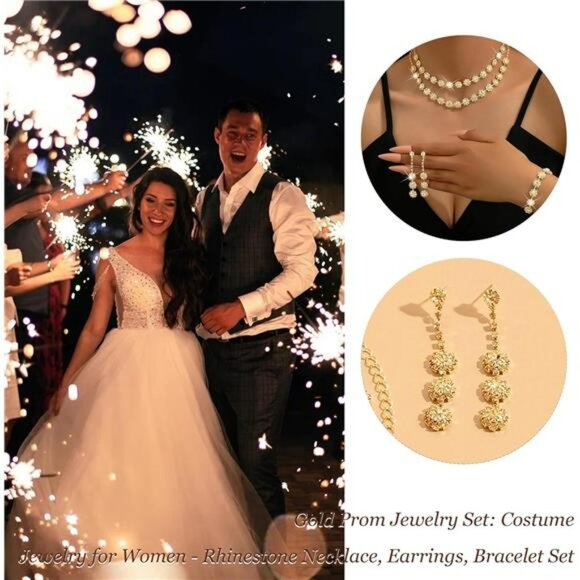 Silver Wedding Jewelry Set Rhinestone Necklace Earrings Bracelet Bridal Prom - Picture 4 of 7